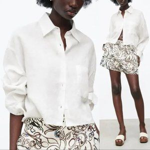 Zara | White Linen Cropped Button Down Long Sleeve Top Size S